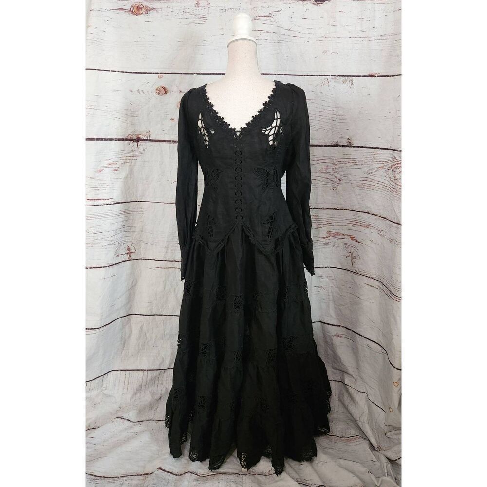 Redpolaris Rare Linen Embroidered Cut Out  and Lace Embellished Maxi Dress Size